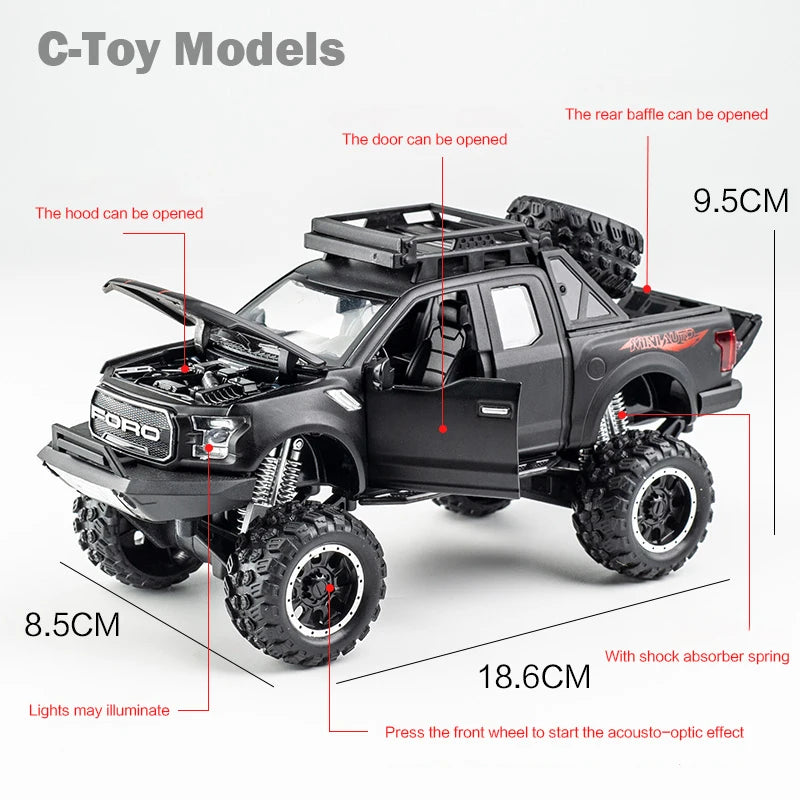 New 1:32 Ford Raptor F150 Alloy Diecast Car Model Toys Sound Light Toy Pickup Truck Pull Back Vehicle For Children машинки