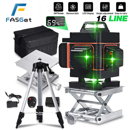 FASGet 16 Lines 4D Laser Level Green Line Self-Leveling 360 Horizontal And Vertical Cross Super Powerful Green Beam Laser Level