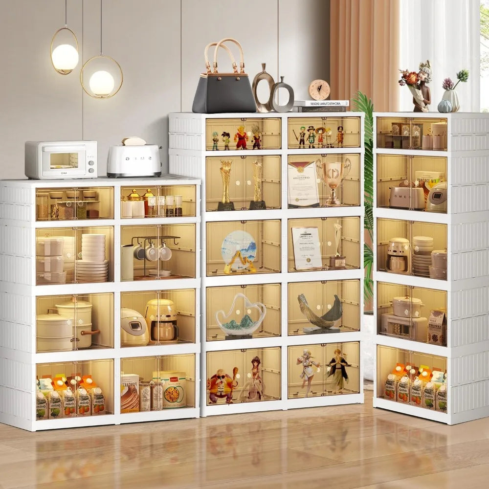 EHAMILY 4-Tier 8Grids Folding Storage Box with Doors Clear Plastic Collapsible Storage Bins with Lids Easy to Assemble Foldable