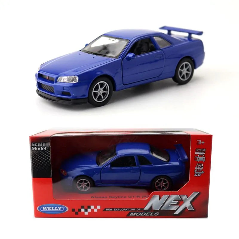1/36 Nissan Skyline GT-R R34 Toy Car Welly Diecast Metal Miniature Model Pull Back Doors Openable Collection Gift For Boy, Kid