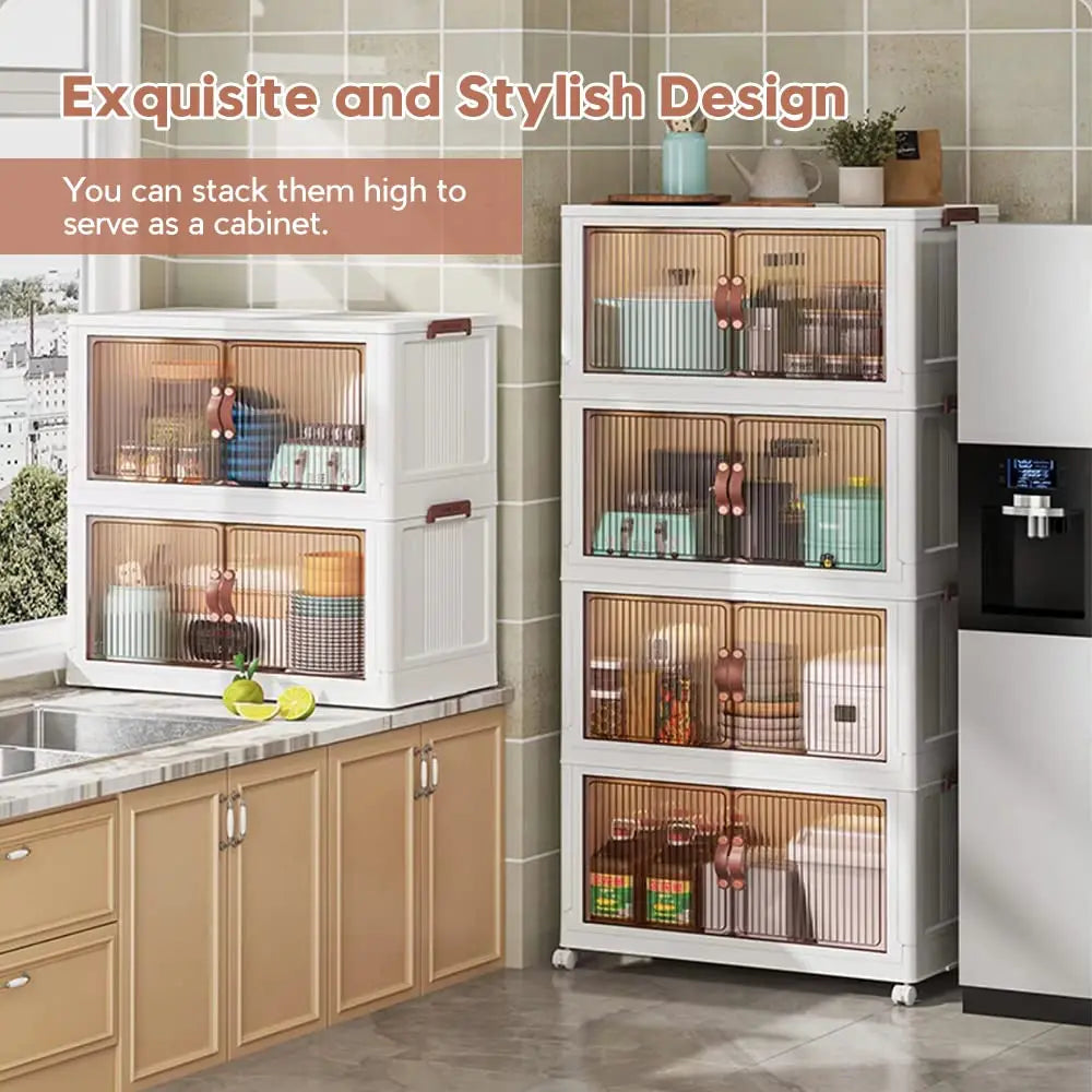 Folding Portable Storage Cabinet Bins Stackable Organizer Box with Caster Wheels Collapsible Toy Storage with Double Door