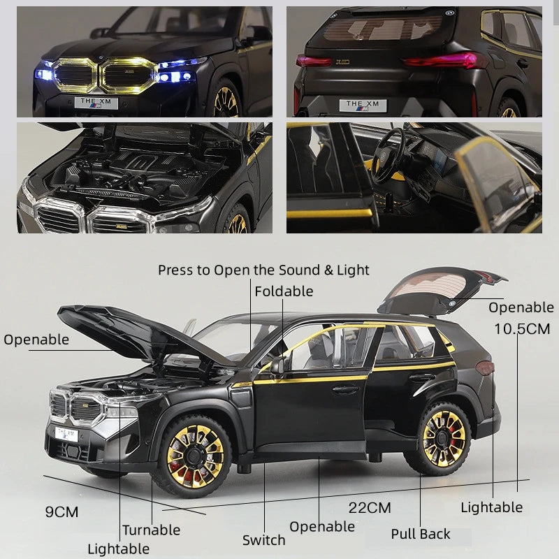 1/24 BMW XM SUV Off-Road Toy Car 1:24 Diecast Alloy Miniature Model Free Wheels Pull Back Sound & Light Collection Gift Kids Boy