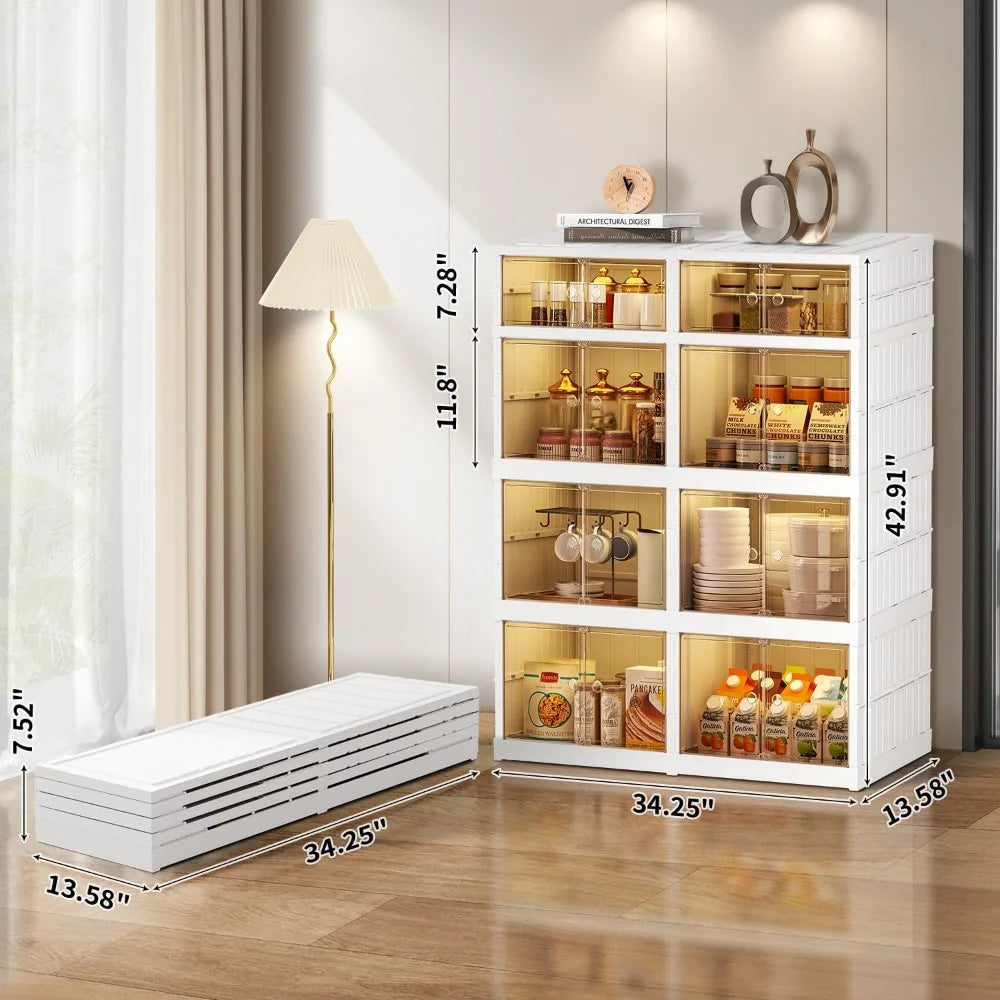 EHAMILY 4-Tier 8Grids Folding Storage Box with Doors Clear Plastic Collapsible Storage Bins with Lids Easy to Assemble Foldable