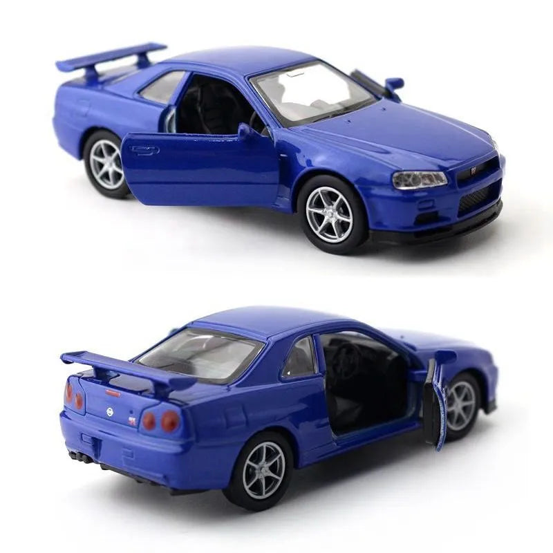 1/36 Nissan Skyline GT-R R34 Toy Car Welly Diecast Metal Miniature Model Pull Back Doors Openable Collection Gift For Boy, Kid