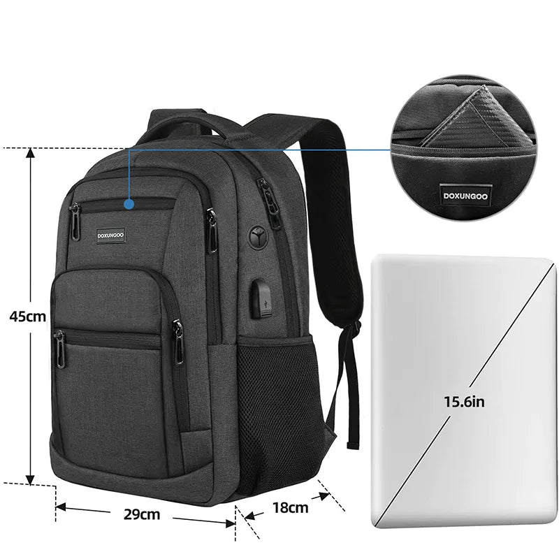 DOXUNGOO Neutral Large Capacity Backpack Laptop Bag Multi Pocket With USB And Headphone Jack 2023 New Hot (Black)