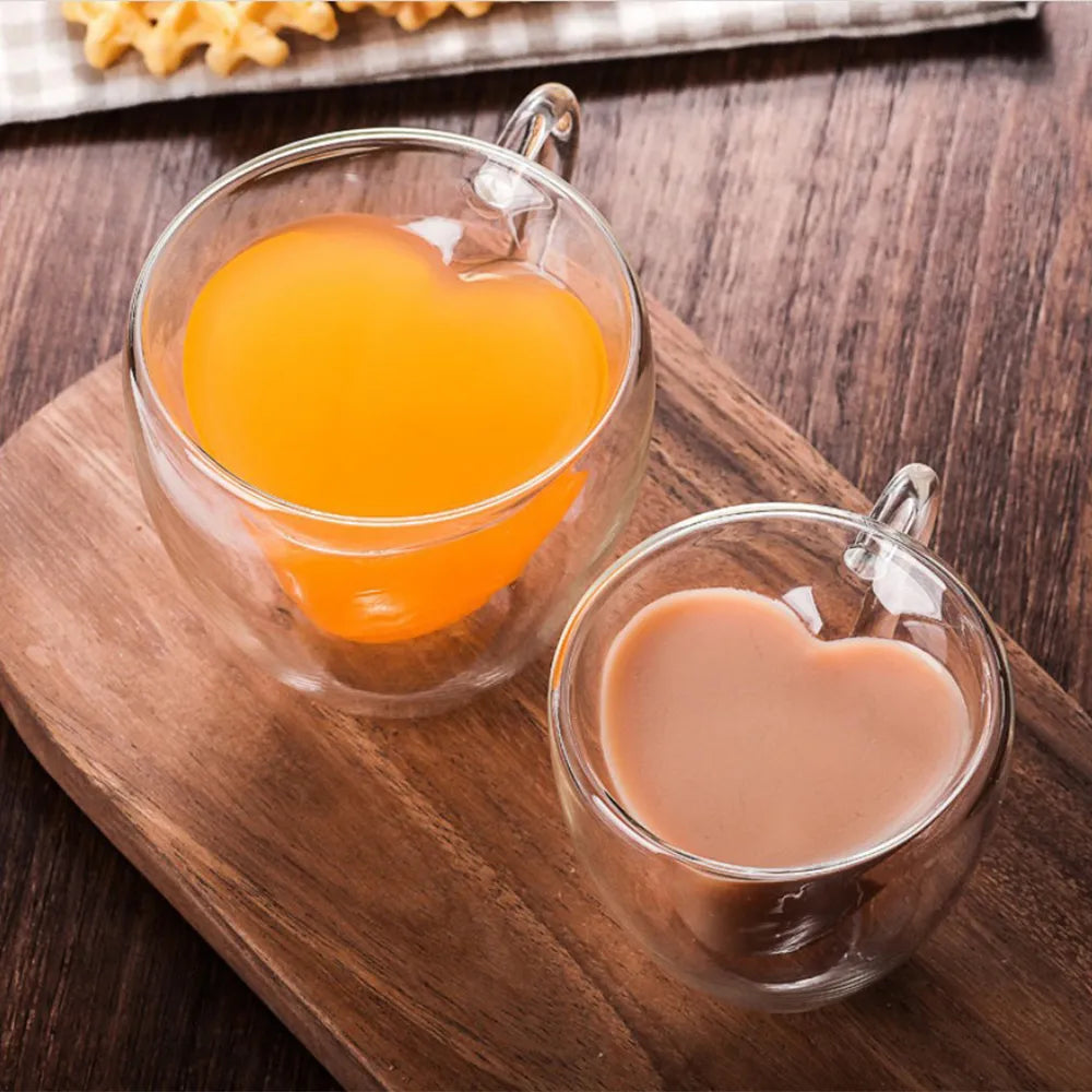 Double-Wall Heart-Shaped Glass Coffee Mug Heat-resistant Borosilicate Cup Mugs Drinkware Cup For Coffee or Espresso Lover