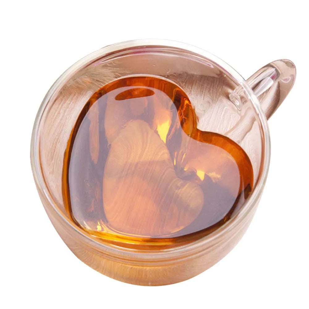 Double-Wall Heart-Shaped Glass Coffee Mug Heat-resistant Borosilicate Cup Mugs Drinkware Cup For Coffee or Espresso Lover
