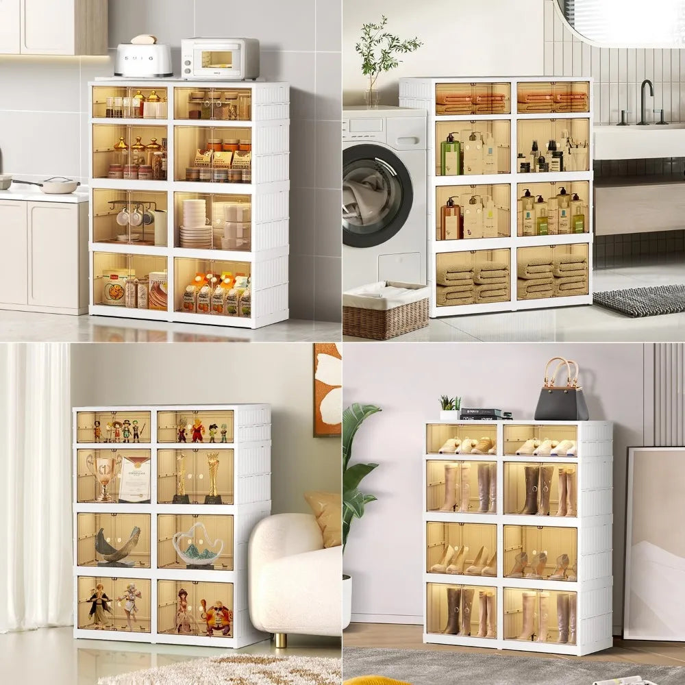 EHAMILY 4-Tier 8Grids Folding Storage Box with Doors Clear Plastic Collapsible Storage Bins with Lids Easy to Assemble Foldable