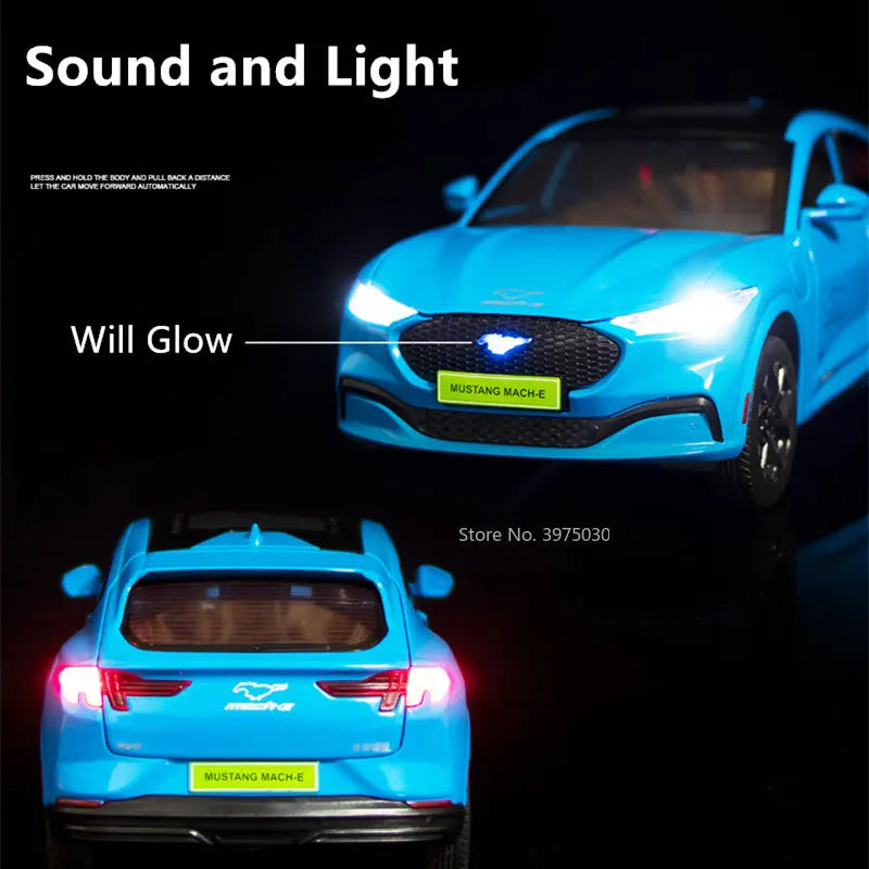 1:24 Ford Mustang Electric Horse Mach-E Sports Car Model Alloy Diecast New Energy Sound Light Model Vehicle Toy for Boys Gifts