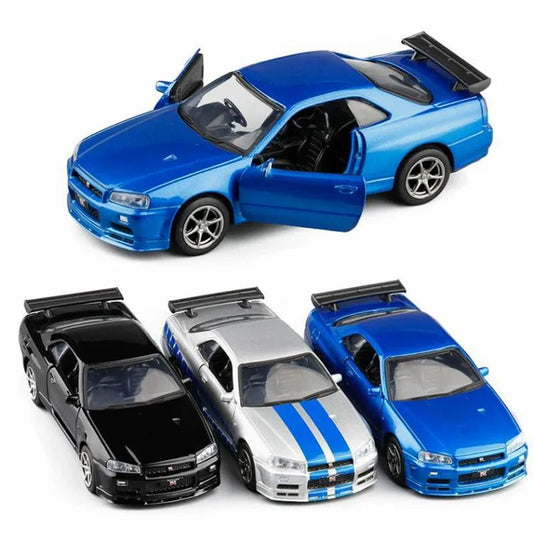 1/36 Nissan Skyline GT-R R34 Toy Car Welly Diecast Metal Miniature Model Pull Back Doors Openable Collection Gift For Boy, Kid