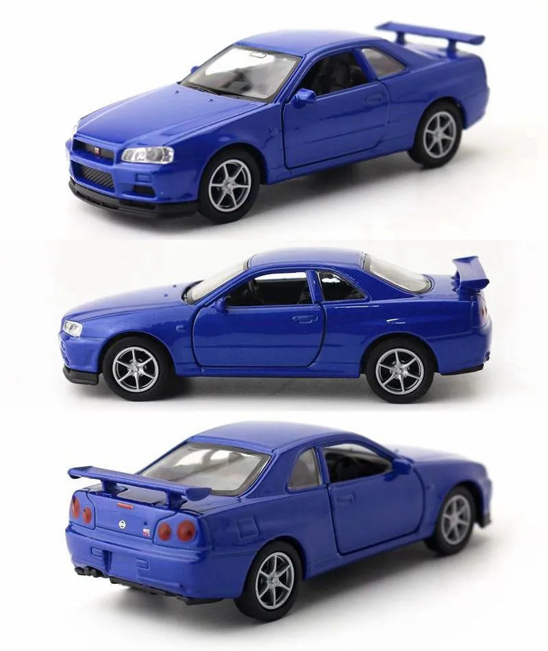 1/36 Nissan Skyline GT-R R34 Toy Car Welly Diecast Metal Miniature Model Pull Back Doors Openable Collection Gift For Boy, Kid