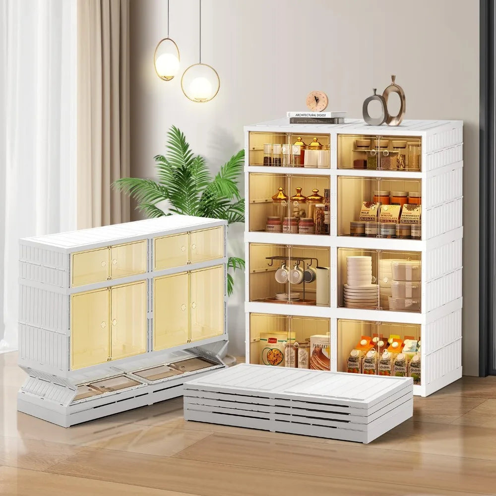 EHAMILY 4-Tier 8Grids Folding Storage Box with Doors Clear Plastic Collapsible Storage Bins with Lids Easy to Assemble Foldable