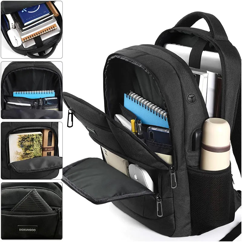 DOXUNGOO Neutral Large Capacity Backpack Laptop Bag Multi Pocket With USB And Headphone Jack 2023 New Hot (Black)