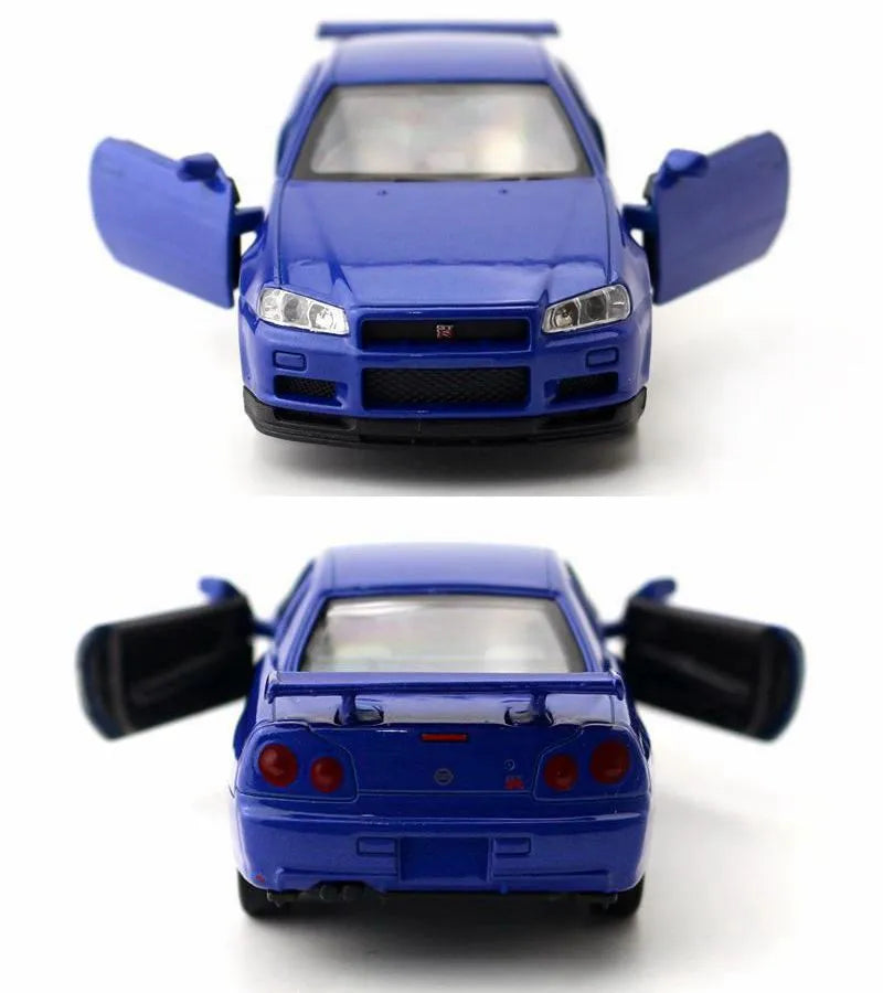 1/36 Nissan Skyline GT-R R34 Toy Car Welly Diecast Metal Miniature Model Pull Back Doors Openable Collection Gift For Boy, Kid