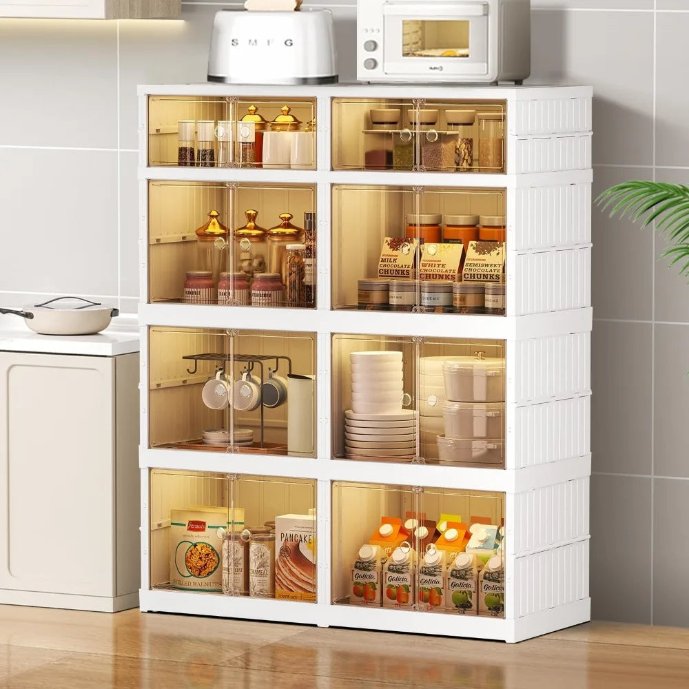 EHAMILY 4-Tier 8Grids Folding Storage Box with Doors Clear Plastic Collapsible Storage Bins with Lids Easy to Assemble Foldable