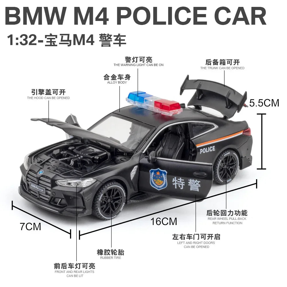 1:32 BMW M4 Police Car High simulation Pull Back Sound Light Diecast Model CAR Toys Collection kids Gifts