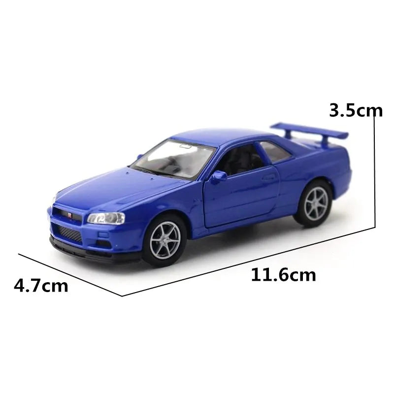 1/36 Nissan Skyline GT-R R34 Toy Car Welly Diecast Metal Miniature Model Pull Back Doors Openable Collection Gift For Boy, Kid