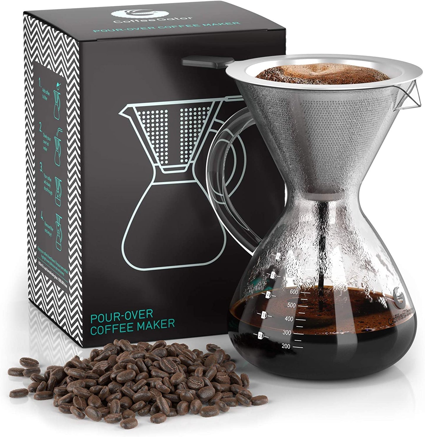 Pour over Coffee Maker - 27 Oz Paperless, Portable, Drip Coffee Brewer Pour over Set W/Glass Carafe & Stainless-Steel Mesh Filter, 800Ml Clear
