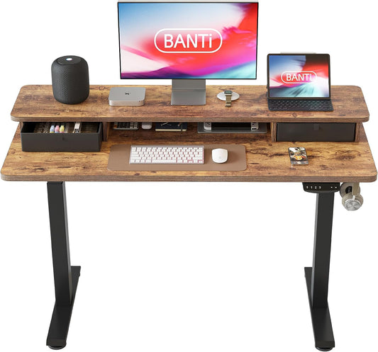 48X24 Inch Electric Standing Desk with Double Drawers, Adjustable Height Stand up Desk, Sit Stand Home Office Desk with Storage Shelf, Rustic Brown Top