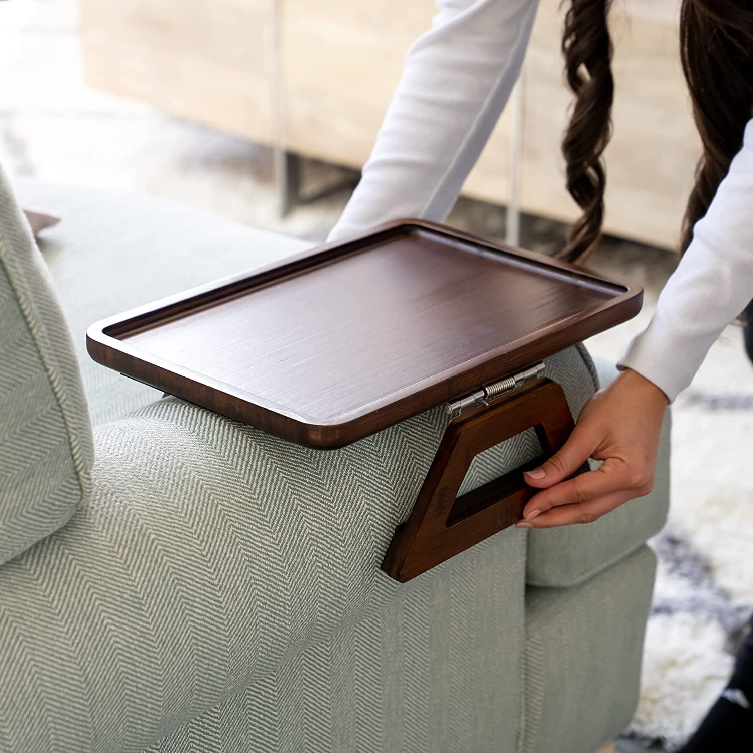 SH SIGNATURE HOME Arm Table Clip on Tray Sofa Table for Wide Couches. Couch Arm Tray Table, Portable Table, TV Table and Side Tables for Brown Regular 13.75 X 9.5Inch