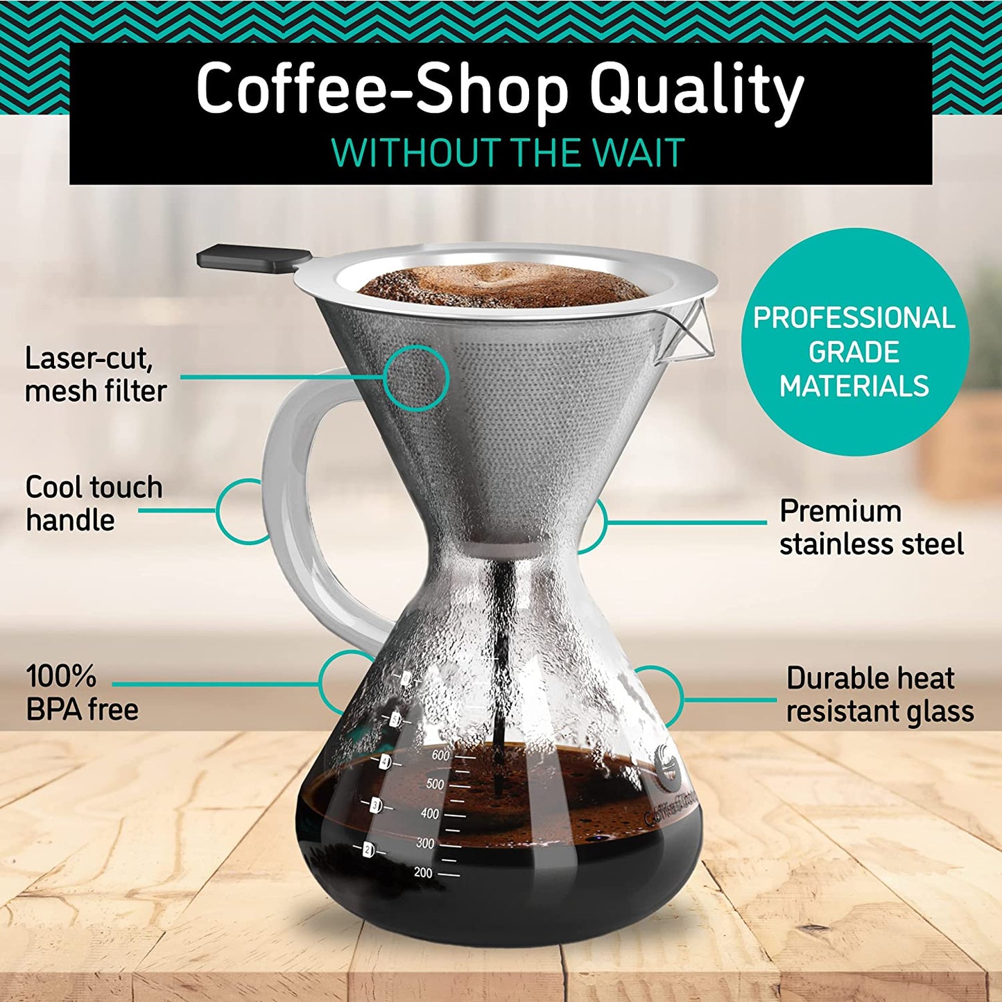 Pour over Coffee Maker - 27 Oz Paperless, Portable, Drip Coffee Brewer Pour over Set W/Glass Carafe & Stainless-Steel Mesh Filter, 800Ml Clear