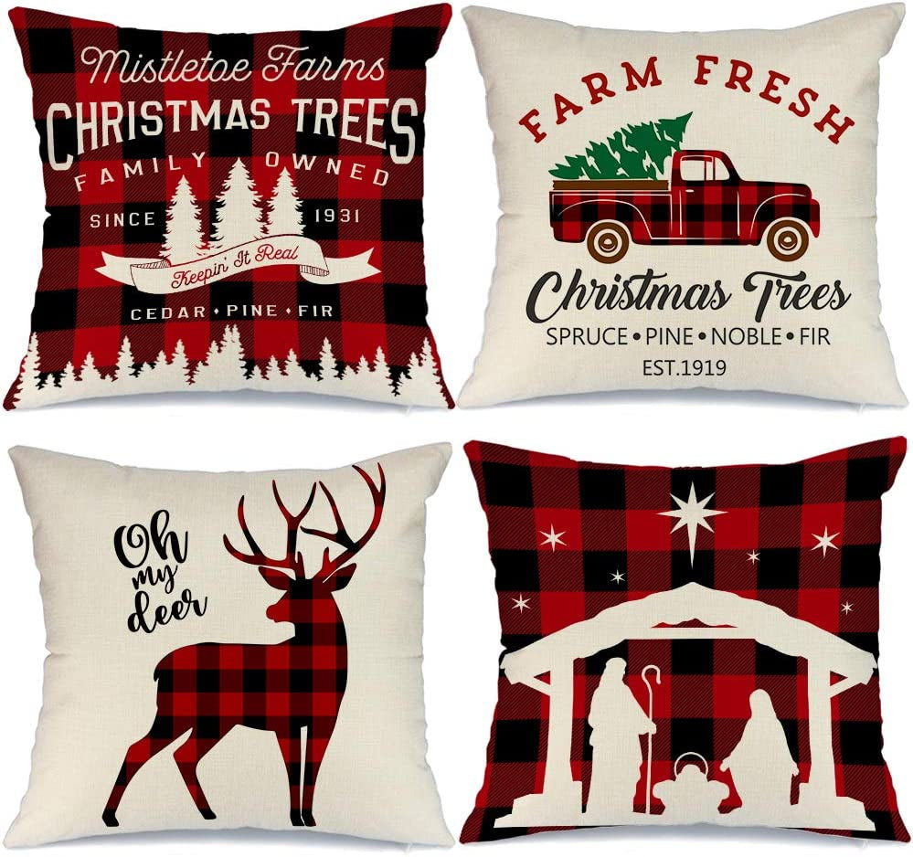 Buffalo Plaid Christmas Pillow Covers 20X20 Set of 4 Christmas Pillows Xmas Winter Holiday Throw Pillows Deer Farmhouse Christmas Decor Red Truck Christmas Decorations for Couch A265-20