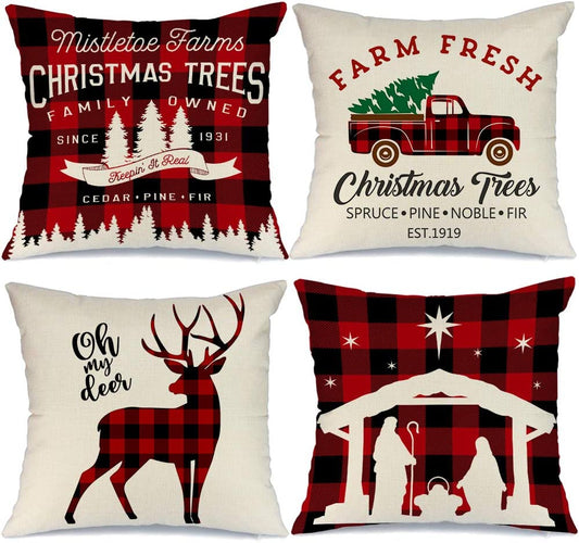 Buffalo Plaid Christmas Pillow Covers 20X20 Set of 4 Christmas Pillows Xmas Winter Holiday Throw Pillows Deer Farmhouse Christmas Decor Red Truck Christmas Decorations for Couch A265-20