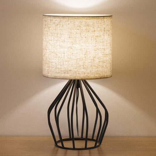 Black Modern Table Lamp - Minimalist Small Bedside with Hollowed Out Base Linen Fabric Shade, Vintage Nightstand for Bedroom Living Room Side Desk Kids